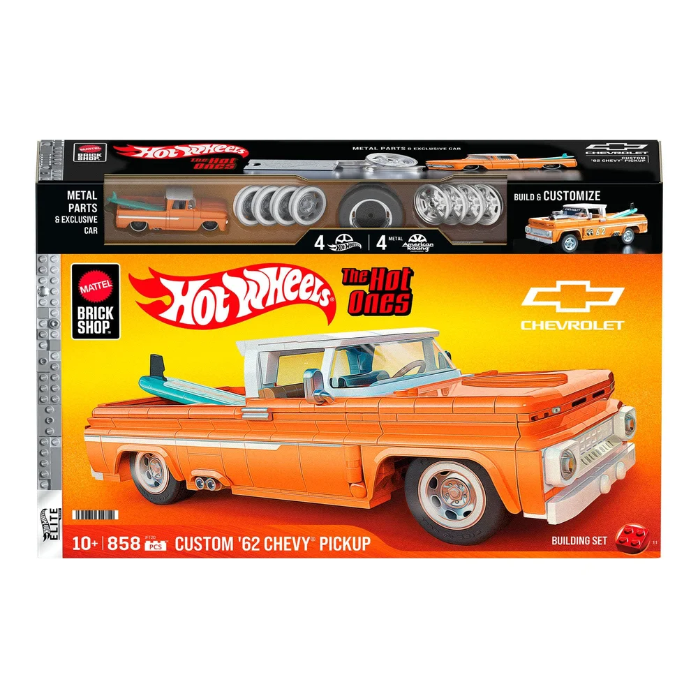 Original packaging for JFT20 Mattel Brick Shop Hot Wheels Custom ’62 Chevy Pickup Building Set