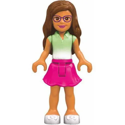 Figure, MLA: pink skirt, green & white blouse, brown hair