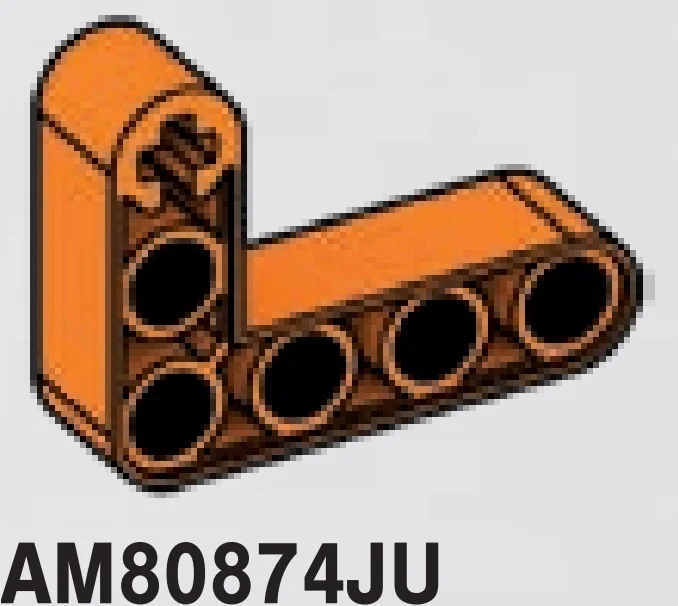 Connector: Liftarm, Modified Bent Thick L-Shape 3 x 4 with 1 axle hole and 5 pin holes in Orange, Smoky