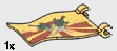 Fixture: flag 1 x 4 x 6 billowing, with crossed swords emblem in Gold, Burnt (Metallic)