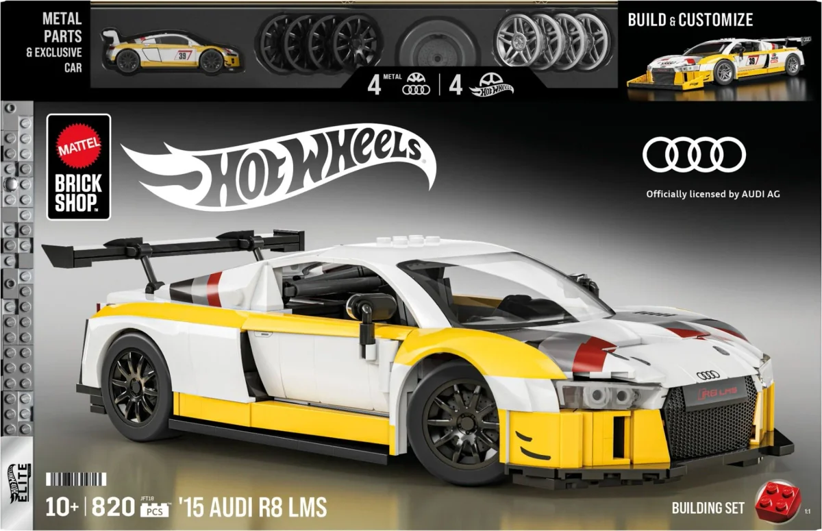 Original packaging for JFT18 Mattel Brick Shop Hot Wheels '15 Audi R8 LMS