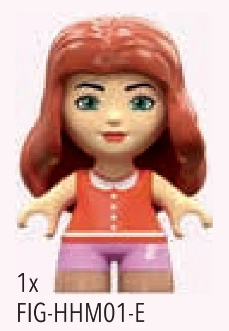 Barbie UB, yellowish nougat skin, long wavy red metallic hair with COLOR REVEAL purple bow, orange shirt with white appron, lavender pants with white barbie logo, dark tan boots, green eyes, red lips