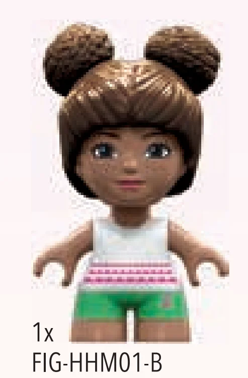Barbie UB, light brown skin, white shirt with barbie pink wavy lines and COLOR REVEAL 3 purple hearts, green shorts with barbie logo, brown eyes and freckles