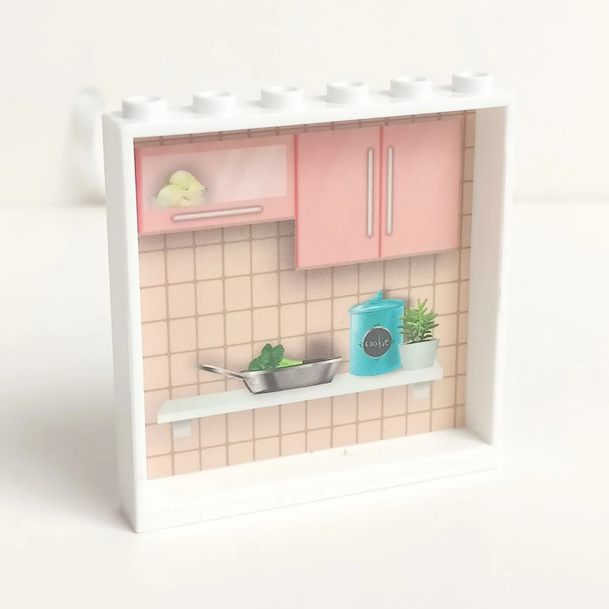 Wall 6 x 5 x 1 with stickered on large window with plants in a window box on one side and bricked kitchen wall in nougat on the other in White