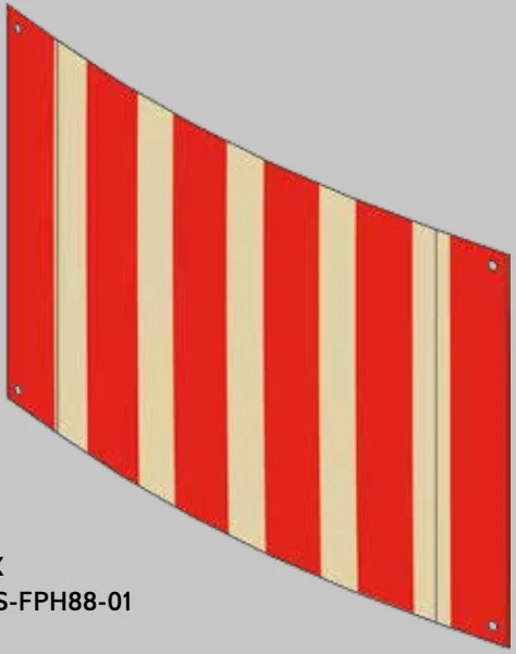 Ship: sail, fabric 150mm x 235mm, alternating red & tan stripes in White