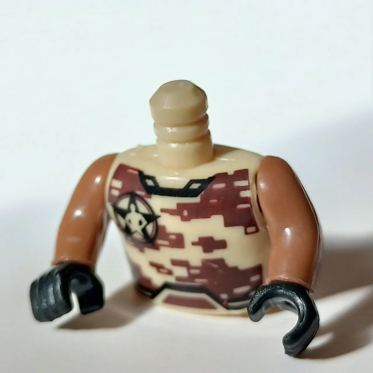 Figure, torso: tan vest, dark-skinned arms, black gloves in Multicolored