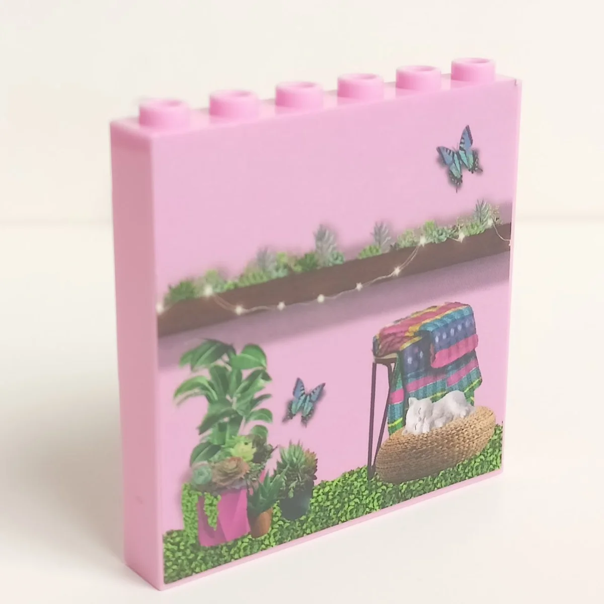 Wall 6 x 5 x 1 with stickered on garden with towels and a cat on one side and decorated fireplace on the other in Pink, Rose